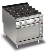 BARON Cucina a Gas 4 Fuochi con Forno Elettrico GN 2/1 Q90PCF/GE8001 – Potenza kW 23,2+6 Kcal 25107 - Prof. Serie 900 - Dim. 800(L)x900(P)x870(H) mm - Linea QUEEN9