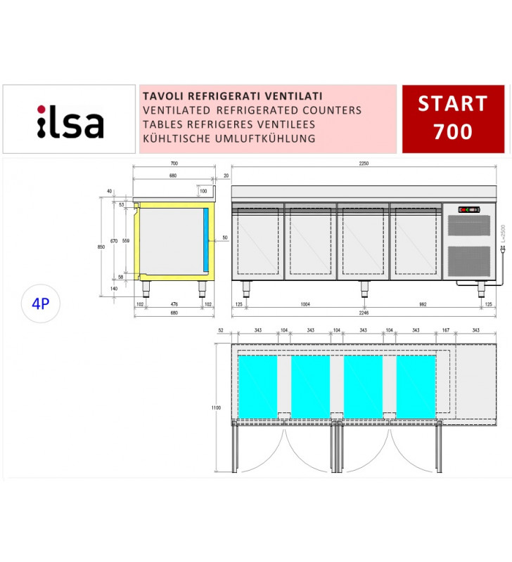 Tavolo frigo per gastronomia 4 porte alzatina Prof. 700 mm - mod