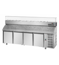 TECNODOM Banco Refrigerato Pizzeria 600X400 PZ04MID80+VR4270VD - Temp. Positiva (0 +10°C) - 4 Porte e Vetrina Refr. 13xGN 1/4 - Ventilato - Prof. 800mm